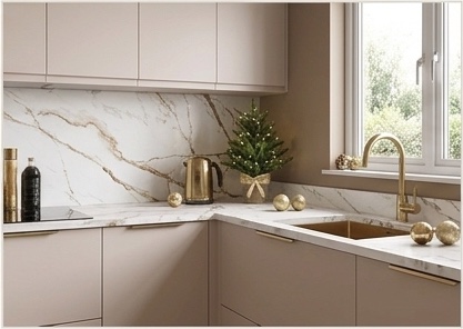 Christmas styling — kitchen counter with tree and gold baubles