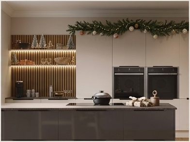 Christmas styling — gloss grey kitchen with garland