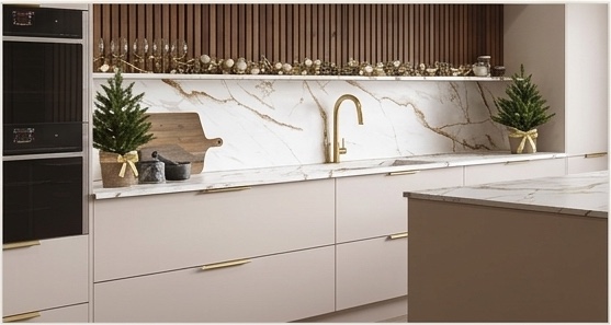Christmas styling — mini trees either side of the sink