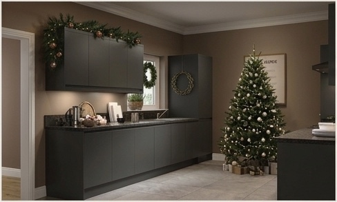 Christmas styling — charcoal kitchen with full tree and wreaths