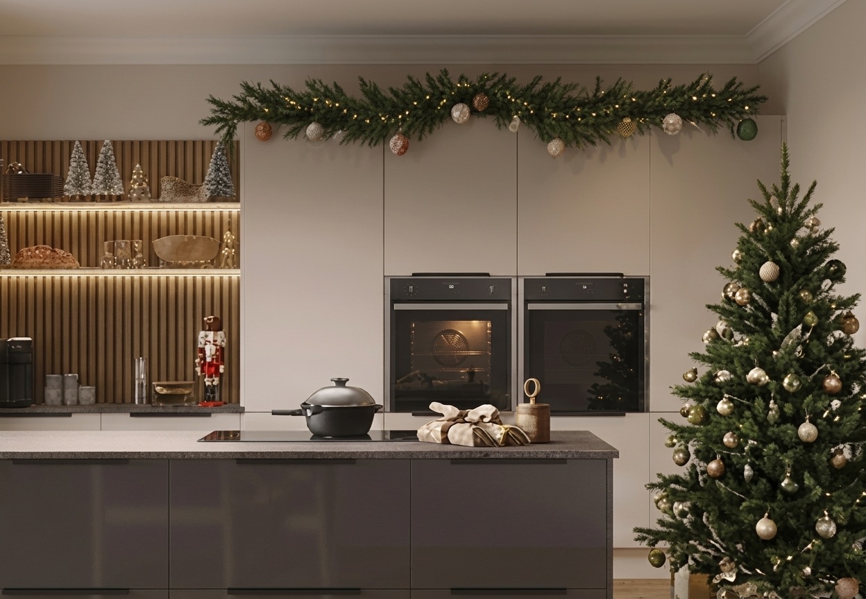 Christmas styling — kitchen island with tree and garland over ovens