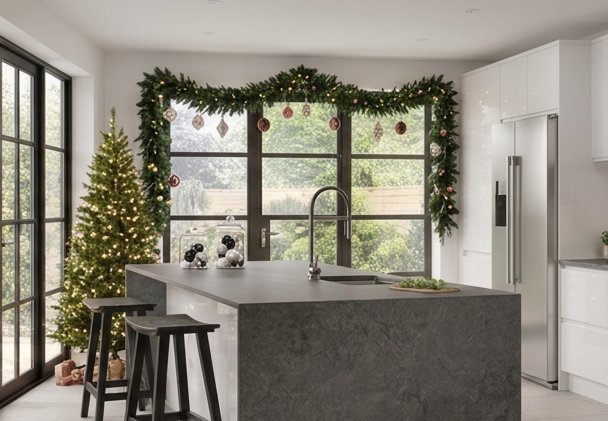 Christmas styling — garland across the window with tree